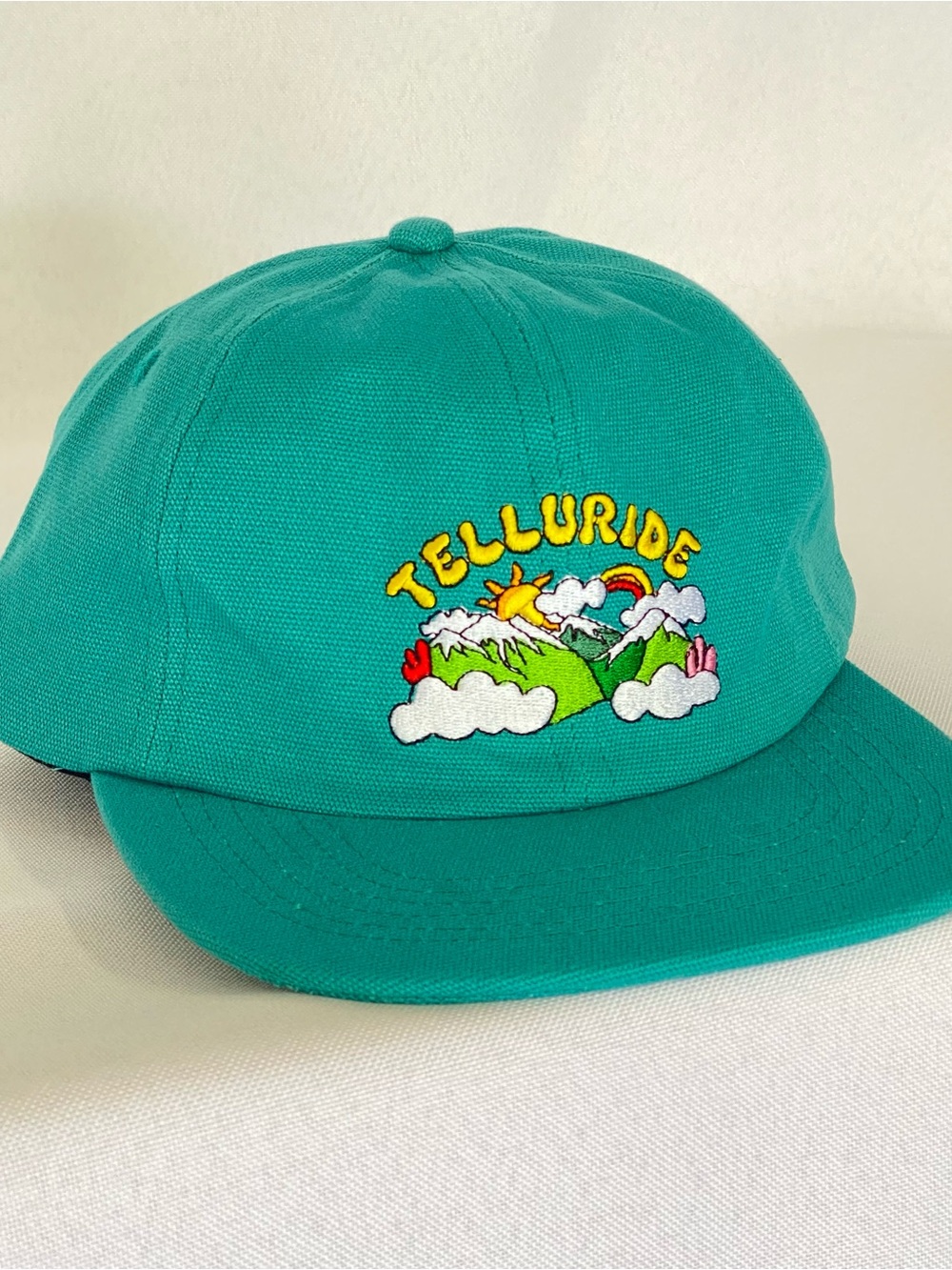 Needle Rock Threads Telluride Canvas Hat Teal 100% Cotton Mountains & Rainbow - Picture 4 of 14
